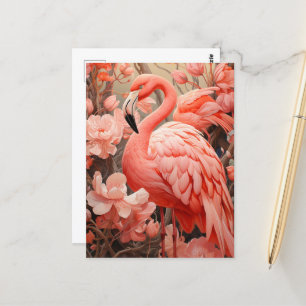 Roze Flamingo en Bloemen Briefkaart