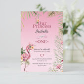 Roze Flamingo en bloemen Verjaardag Kaart (Staand voorkant)