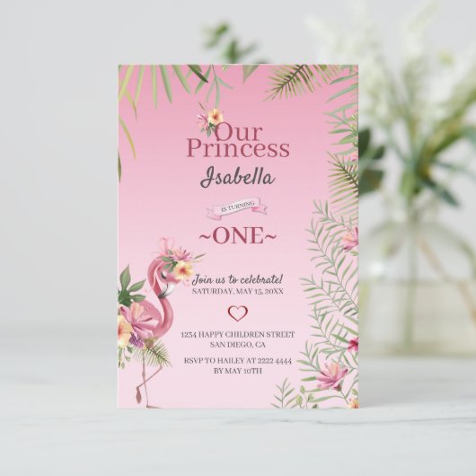 Roze Flamingo en bloemen Verjaardag Kaart (Staand voorkant)