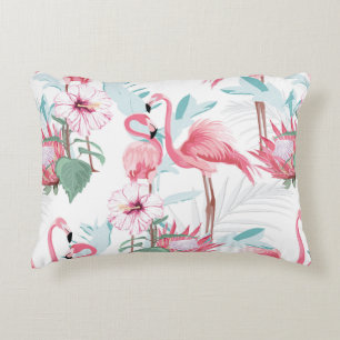 Roze flamingo en exotische bloemen, palmbladeren,  accent kussen