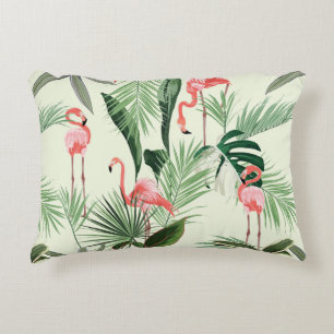 Roze flamingo en exotische bloemen, palmbladeren. accent kussen