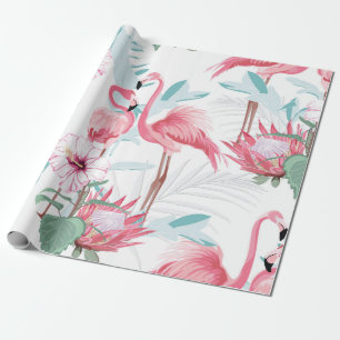 Roze flamingo en exotische bloemen, palmbladeren, cadeaupapier