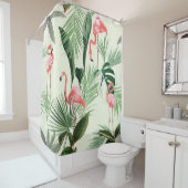 Roze flamingo en exotische bloemen, palmbladeren.  douchegordijn (In situ)