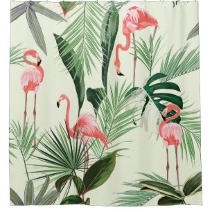 Roze flamingo en exotische bloemen, palmbladeren. douchegordijn