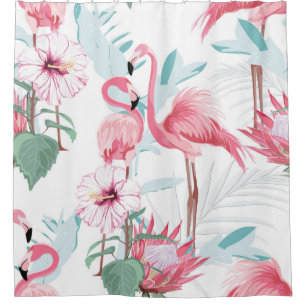 Roze flamingo en exotische bloemen, palmbladeren, douchegordijn