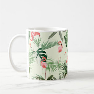 Roze flamingo en exotische bloemen, palmbladeren. koffiemok