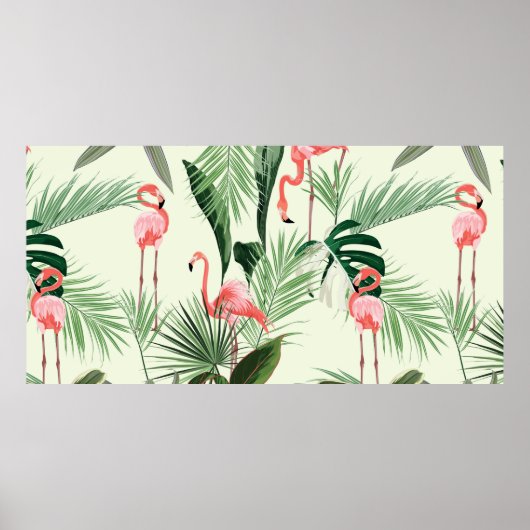 Roze flamingo en exotische bloemen, palmbladeren. poster (Voorkant)