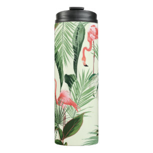 Roze flamingo en exotische bloemen, palmbladeren. thermosbeker