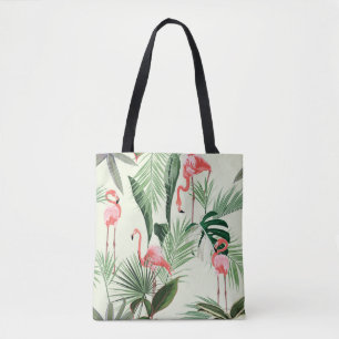 Roze flamingo en exotische bloemen, palmbladeren. tote bag