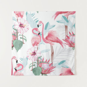 Roze flamingo en exotische bloemen, palmbladeren, wandkleed