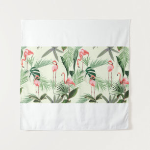 Roze flamingo en exotische bloemen, palmbladeren. wandkleed