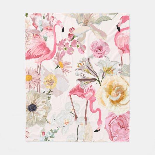 Roze flamingo en exotische roze witte bloemen. fleece deken (Voorkant)
