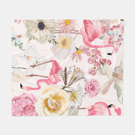 Roze flamingo en exotische roze witte bloemen. fleece deken (Voorkant (Horizontaal))