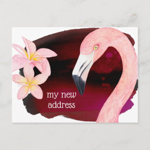 Roze Flamingo en Frangipanibloemen Nieuw Adres Aankondigingskaart
