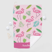 Roze flamingo en gepersonaliseerde tropische blade golfhanddoek (Insitu)