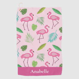 Roze flamingo en gepersonaliseerde tropische blade golfhanddoek