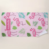 Roze flamingo en gepersonaliseerde tropische blade strandlaken (Voorkant)