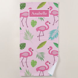 Roze flamingo en gepersonaliseerde tropische blade strandlaken