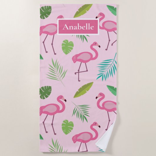 Roze flamingo en gepersonaliseerde tropische blade strandlaken (Voorkant)