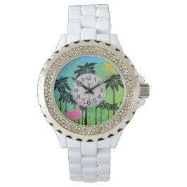 Roze flamingo en handpalmen Strass horloge