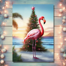 Roze Flamingo en Kerstboom Tropisch strand