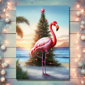 Roze Flamingo en Kerstboom Tropisch strand Feestdagen Kaart