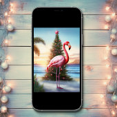 Roze Flamingo en Kerstboom Tropisch strand Feestdagen Kaart