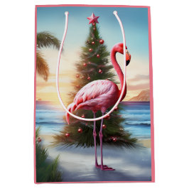 Roze Flamingo en Kerstboom Tropisch strand Medium Cadeauzakje