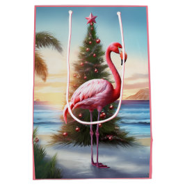 Roze Flamingo en Kerstboom Tropisch strand Medium Cadeauzakje