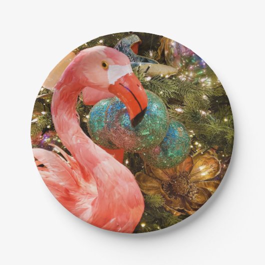 Roze flamingo en kerstboomfeest papieren bordje (Voorkant)