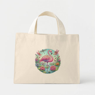 Roze flamingo en libel mini tote bag