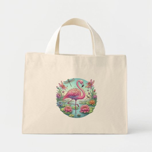 Roze flamingo en libel mini tote bag (Voorkant)