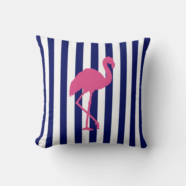 Roze Flamingo en Navy Stripe Kussen (Voorkant)
