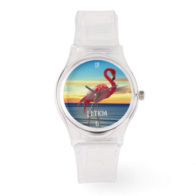 Roze Flamingo en Ocean Sunset Horloge (Voorkant)