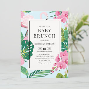 Roze Flamingo en Orchideeën Tropische Baby Brunch Kaart