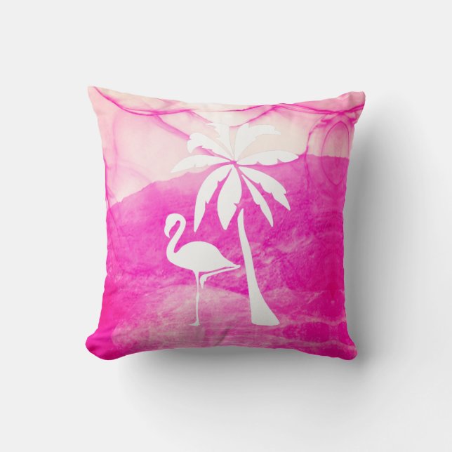Roze Flamingo en Palm Kussen (Voorkant)