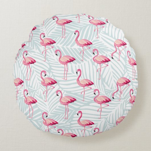 Roze flamingo en palmbladeren - Schattige Rond Kussen (Voorkant)