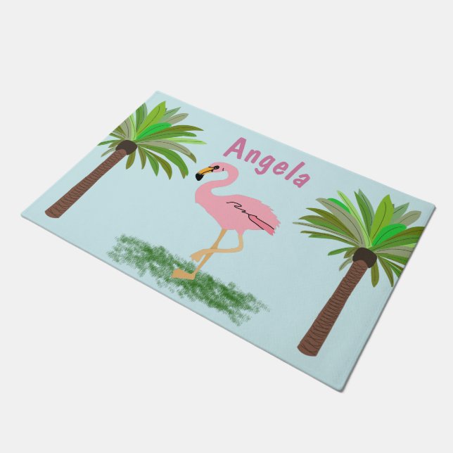 Roze flamingo en palmbomen op maat deurmat (Schuin)
