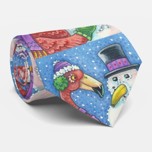 ROZE FLAMINGO EN SNEEUWMAN KERSTVAKANTIE STROPDAS (Opgerold)