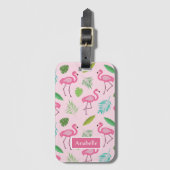 Roze Flamingo en tropische bladeren gepersonalisee Bagagelabel (Voorkant (verticaal))