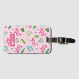 Roze Flamingo en tropische bladeren gepersonalisee Bagagelabel