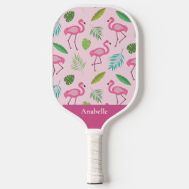 Roze flamingo en tropische bladeren gepersonalisee pickleball paddle