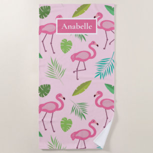 Roze flamingo en tropische bladeren gepersonalisee strandlaken