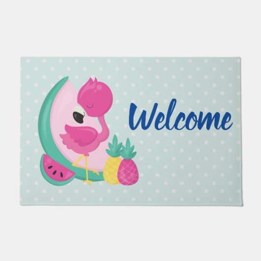 Roze Flamingo en tropische vruchten Welkom Deurmat (Voorkant)