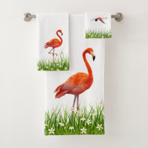 Roze Flamingo en Weide met Bloemen op Witte Badsto