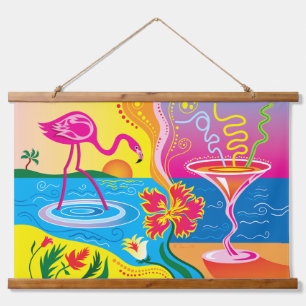 Roze Flamingo en Zomer Cocktail Hangend Wandkleed