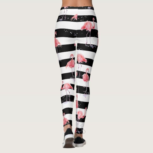 Roze flamingo en zwart-wit strempatroon leggings (Achterkant)