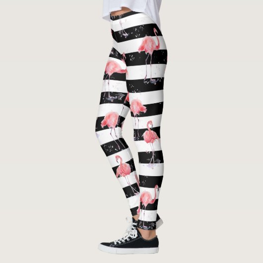 Roze flamingo en zwart-wit strempatroon leggings (Links)