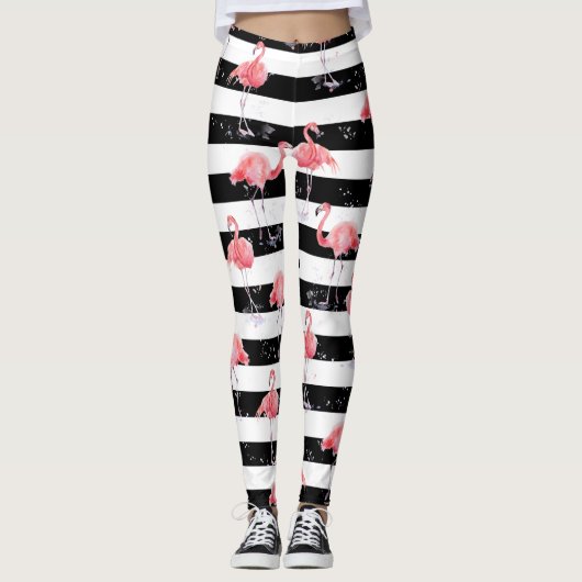 Roze flamingo en zwart-wit strempatroon leggings (Voorkant)