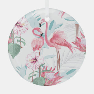 Roze Flamingo: Exotische bloemen naadloos. Glas Ornament